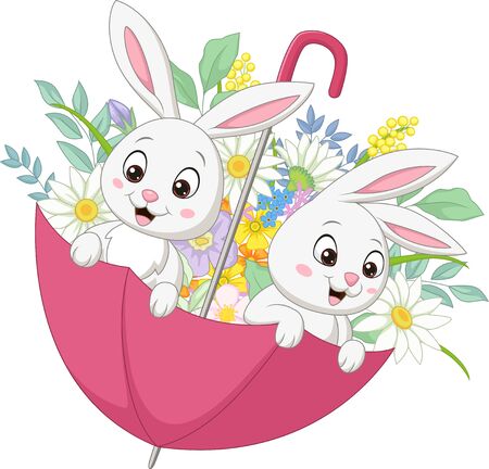 Vector illustration of Cute two bunnies in the spring umbrella with flowersのイラスト素材