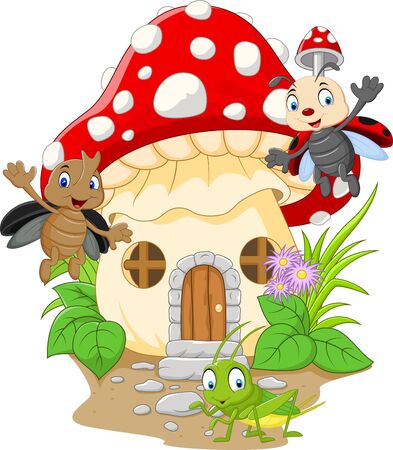 Vector illustration of Cartoon funny insects with mushroom houseのイラスト素材