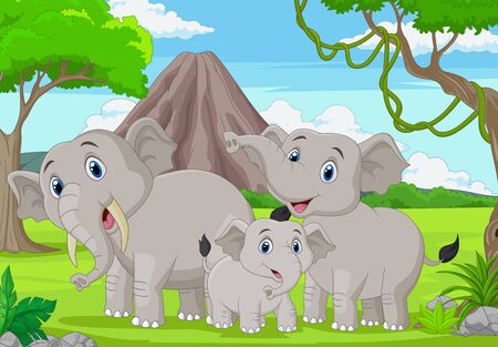 Vector illustration of Cartoon elephants family in the jungleのイラスト素材