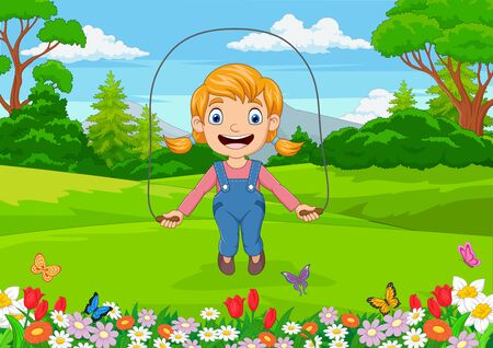 Vector illustration of Cartoon little girl playing jump rope in the parkのイラスト素材