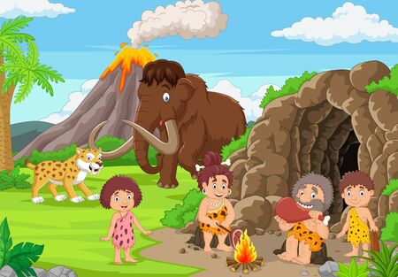 Vector illustration of Cartoon ancient cavemen in stone age with mammoth and sabertoothのイラスト素材