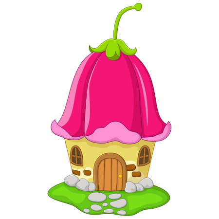 Cartoon Fairy house with a pink bellflowerのイラスト素材