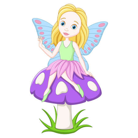 Cartoon fairy sitting on a mushroomのイラスト素材