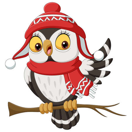 Cute owl cartoon wearing a scarf and Christmas hat on tree branchesのイラスト素材
