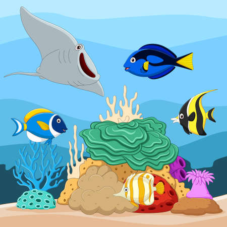 Beautiful underwater world with corals and tropical fishのイラスト素材