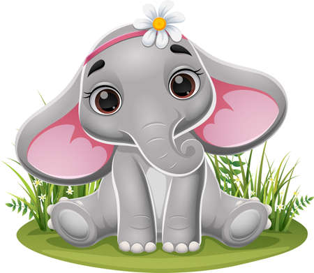 Cartoon baby elephant sitting in the grassのイラスト素材