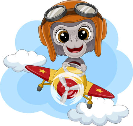 Cartoon baby gorilla operating a planeのイラスト素材