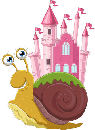 Cartoon snail with pink castle on his backのイラスト素材