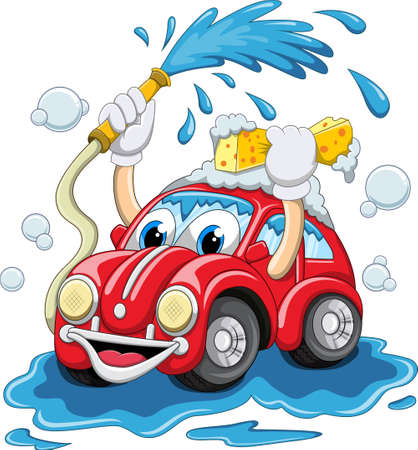 Cartoon car washing with water pipe and spongeのイラスト素材