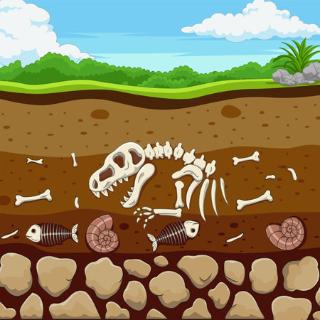 Cartoon fossil animals with dinosaur, fish, bone and shellのイラスト素材