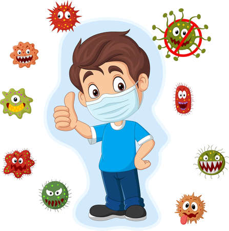 Cartoon little boy with viruses and bacteria giving thumb upのイラスト素材
