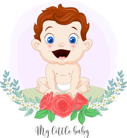 Cartoon cute little baby boy with flower backgroundのイラスト素材