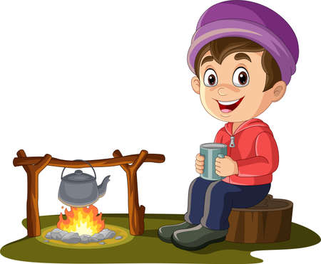 Cartoon little boy sitting on tree stump near campfire with drinking hot teaのイラスト素材