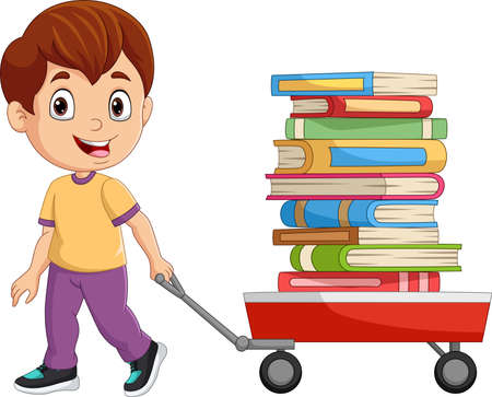 Cartoon little boy pulling wagon cart with pile of booksのイラスト素材