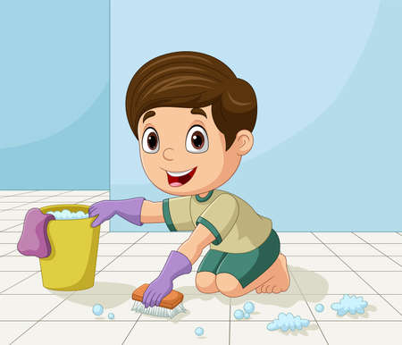 Cartoon little boy cleaning the floorのイラスト素材