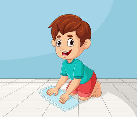 Cartoon little boy mopping the floorのイラスト素材