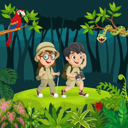 Cartoon explorer kids with animals in the jungleのイラスト素材