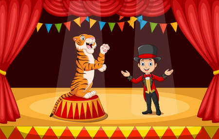 Cartoon circus tamer with tiger on stageのイラスト素材