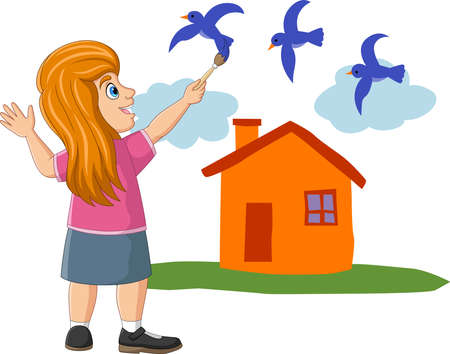 Cute little girl painting birds, clouds and house on the wallのイラスト素材