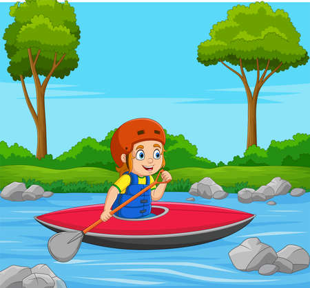 Cartoon little boy rowing a boatのイラスト素材
