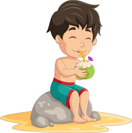 Cartoon little boy sit and drink coconut cocktailのイラスト素材