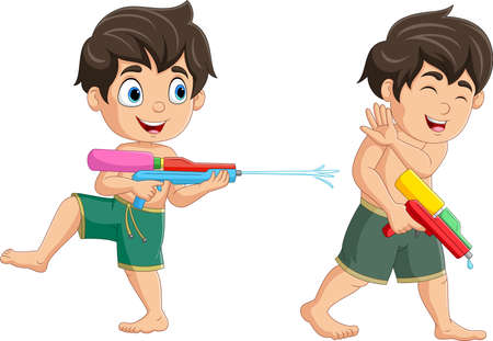 Two cute kids cartoon playing water gunのイラスト素材