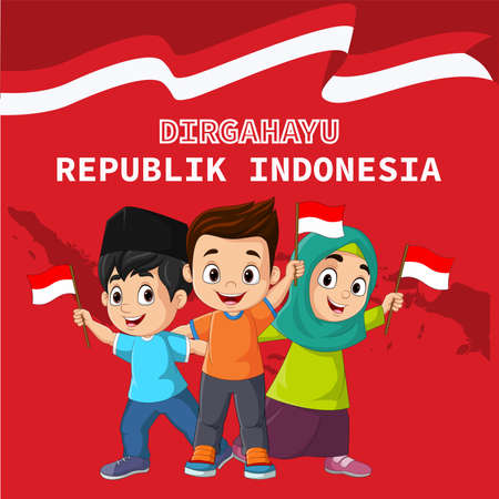 Group of children holding an Indonesian flagのイラスト素材