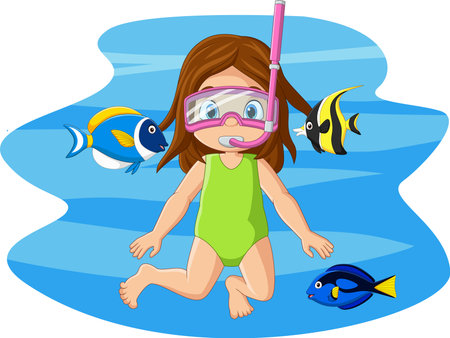 Cartoon little girl diving in underwater with tropical fishのイラスト素材