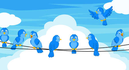 Set of blue bird cartoon sitting on wiresのイラスト素材
