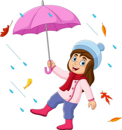 Cartoon little girl holding umbrella in the rain and falling autumn leavesのイラスト素材