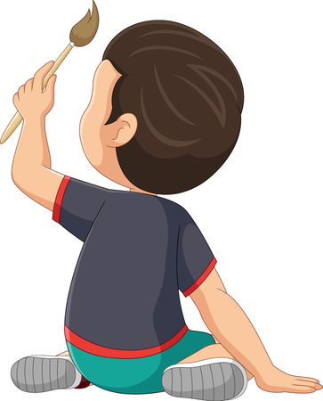 Cute boy sits on the floor and draws on the wallのイラスト素材