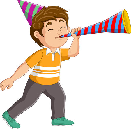 Cartoon little boy blowing a trumpetのイラスト素材