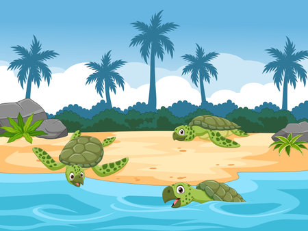 Cartoon sea turtles on the beachのイラスト素材