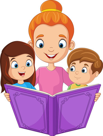 Cartoon mother reading a story book with her childrenのイラスト素材