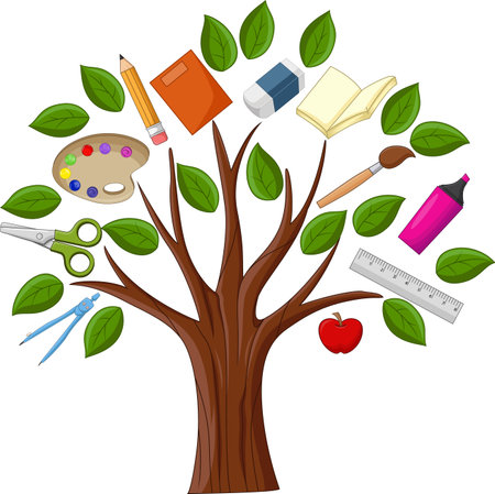 Cartoon tree with stationery collectionのイラスト素材