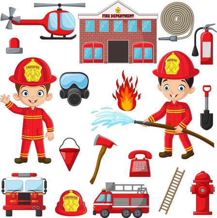 Illustration of Set of cartoon fireman elementのイラスト素材