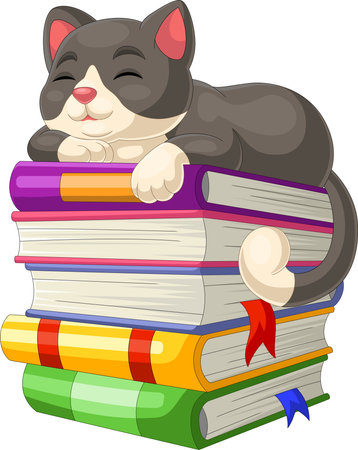 Illustration of Cute cat cartoon sleeping on pile of booksのイラスト素材