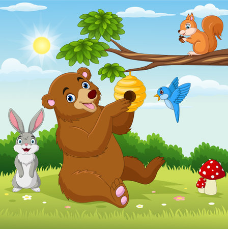 Cartoon animals in forest backgroundのイラスト素材