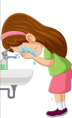 Cartoon little girl washing face in the sinkのイラスト素材