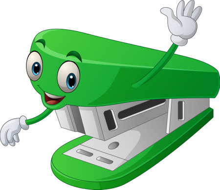 Vector illustration of Cartoon green stapler with waving hand isolated on white backgroundのイラスト素材