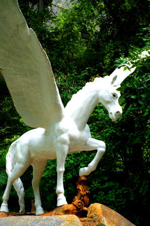 Statue of a white horse with wings in garden