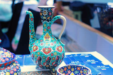 Colorful Iranian ceramic jar on blur backgroundの写真素材