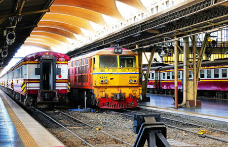 Trains available at the platform in The Thai Railway Station in Bangkok, Thailand