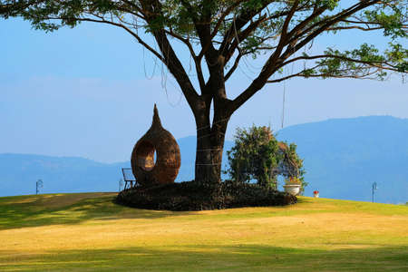 A swing hanging under the tree on hill under mountain and blue sky backgroundの写真素材