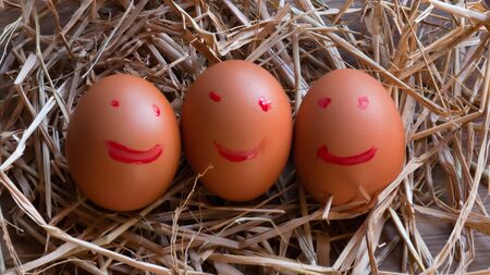 Eggs in a straw and one was written in a smiley face. All laid on a wooden table.の写真素材
