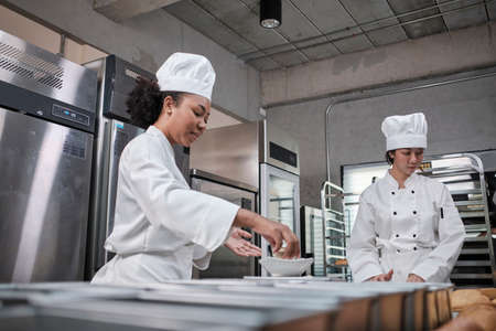 Two professional female chefs in white cook uniforms and aprons knead pastry dough and eggs, prepare bread, cookies, and fresh bakery food, baking in oven at a stainless steel kitchen of a restaurant.の写真素材