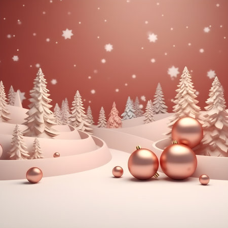 Christmas background with Christmas balls and fir trees. 3D illustration.の素材