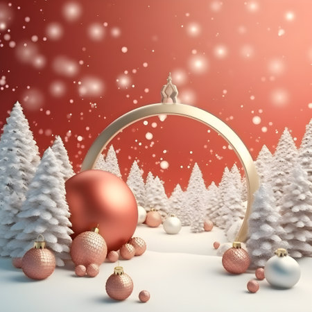 3d render of christmas background with golden arch and baublesの素材