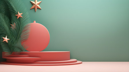 3d render, abstract minimal background design, primitive geometrical forms, podiums with palm leaves and star, pastel colors, blank for product displayの素材