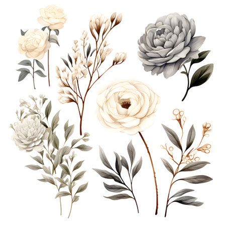 Set of hand drawn watercolor flowers isolated on white background. Vector illustration.の素材